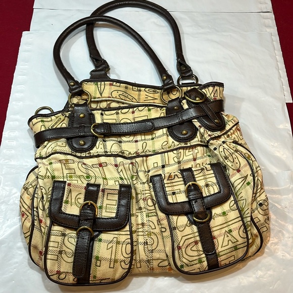 Coach BEIGE brown Tattersall Graffiti TOTE BAG PURSE 2 handles multi pockets 15” - Picture 3 of 16